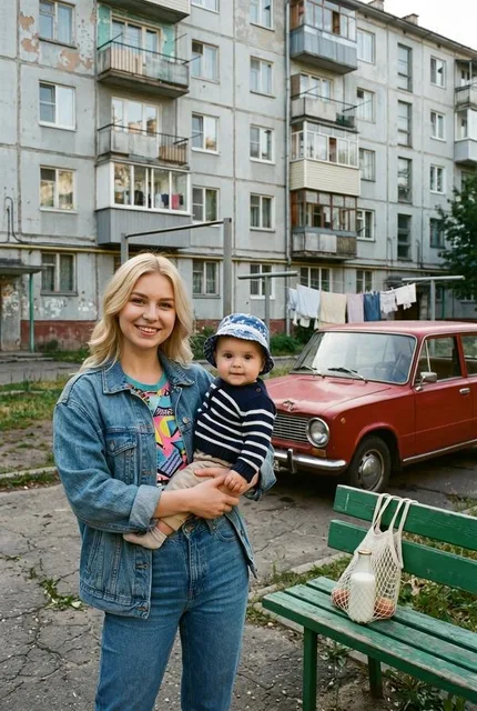 Мама и ребёнок в стиле 90-х