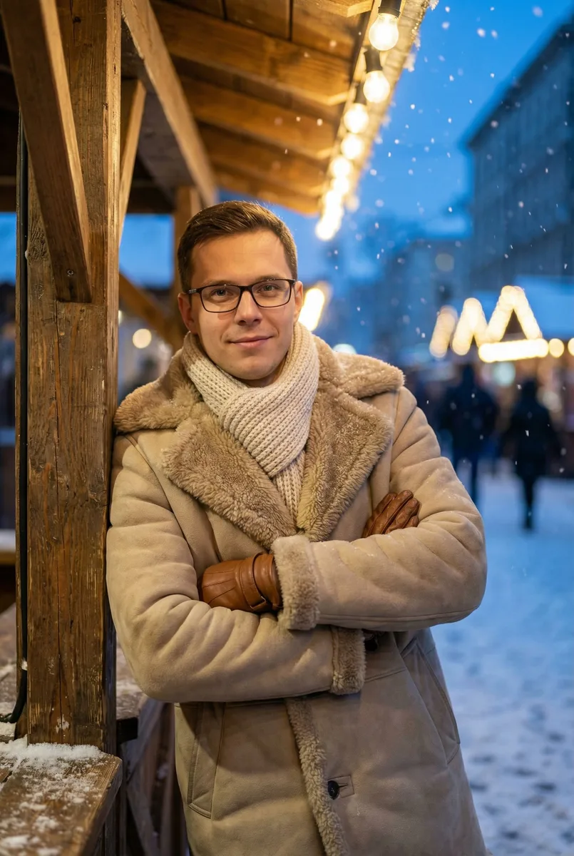 Зимний мужской портрет на ярмарке на Новый год — пример обработки фото нейросетью