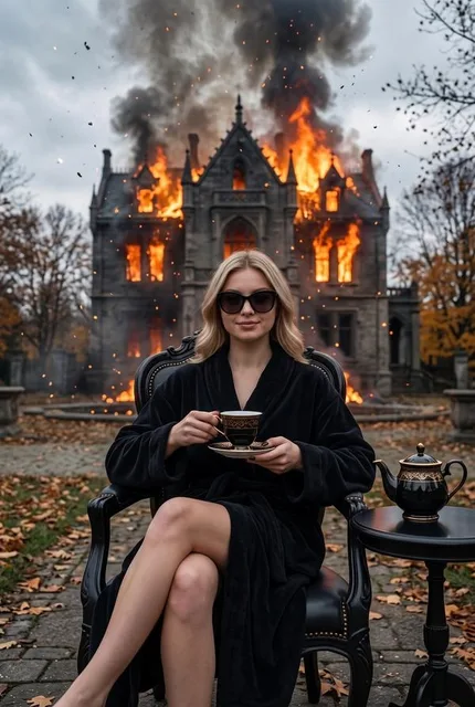 Образ в стиле «this is fine»: халат, очки и пожар на заднем плане