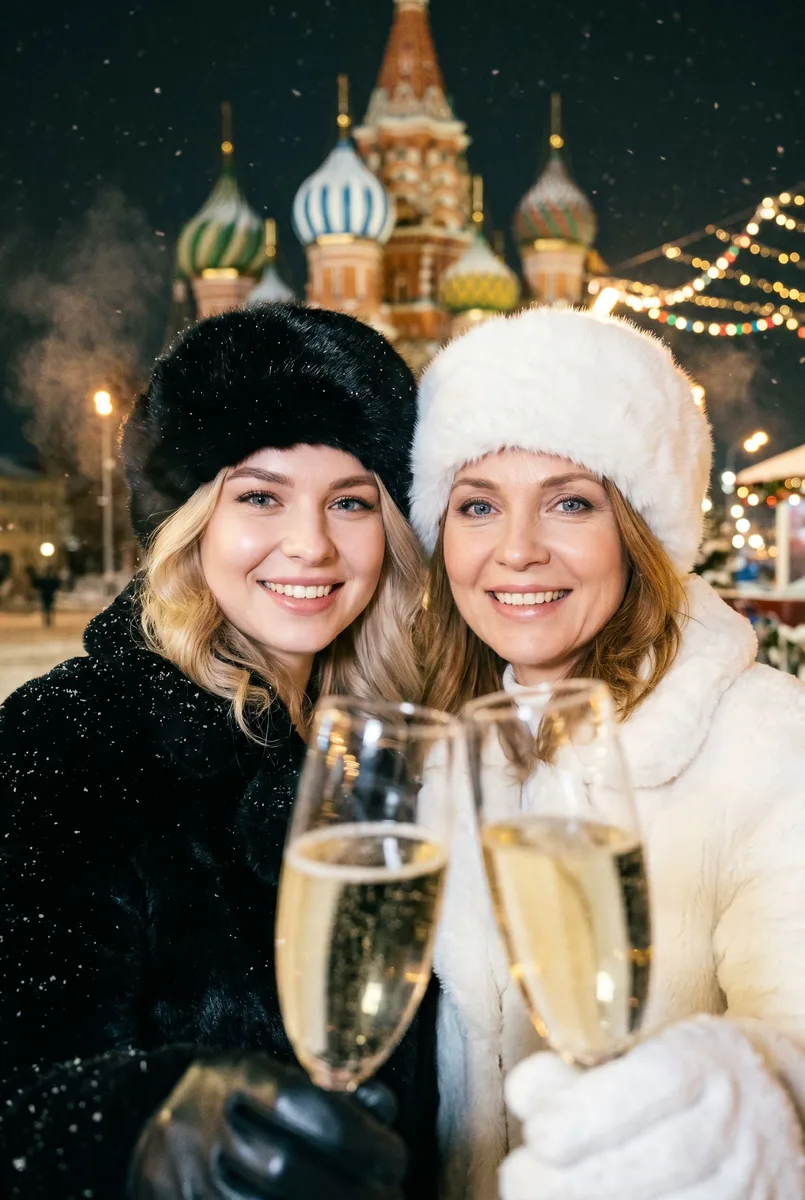 Новогоднее селфи подруг — пример обработки фото нейросетью