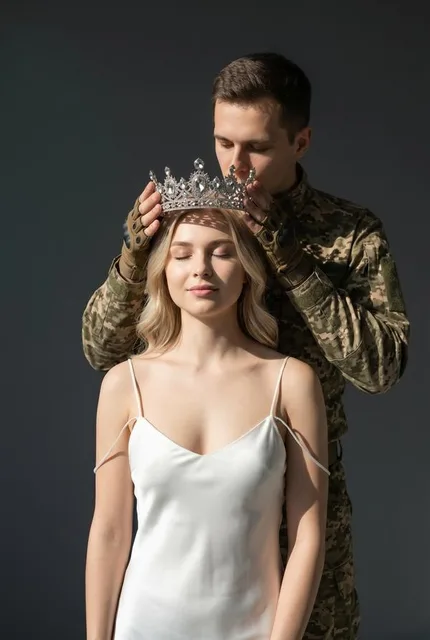 Военный надевает корону жене
