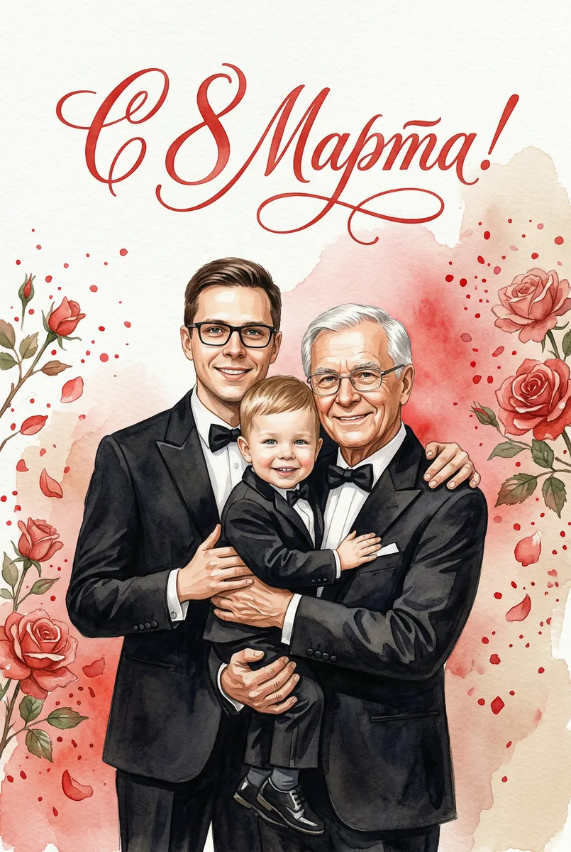 Открытка на 8 Марта от мужчин по вашему фото — пример обработки фото нейросетью