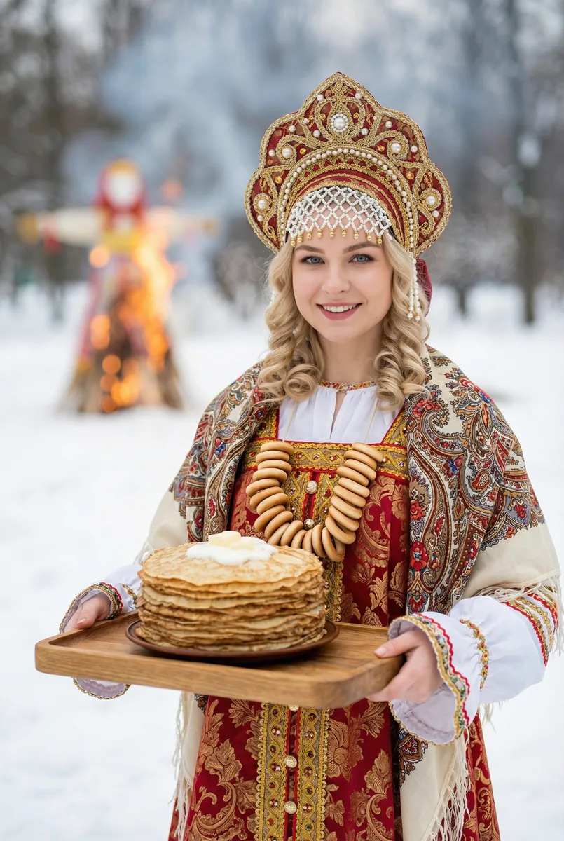 Женский портрет на масленичных гуляниях — пример обработки фото нейросетью