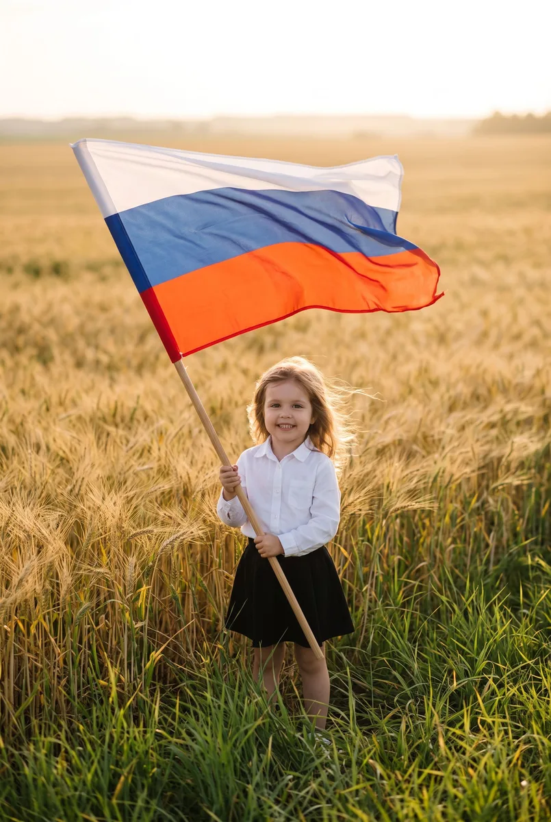 Портрет с флагом в поле с колосьями по вашему фото — пример обработки фото нейросетью