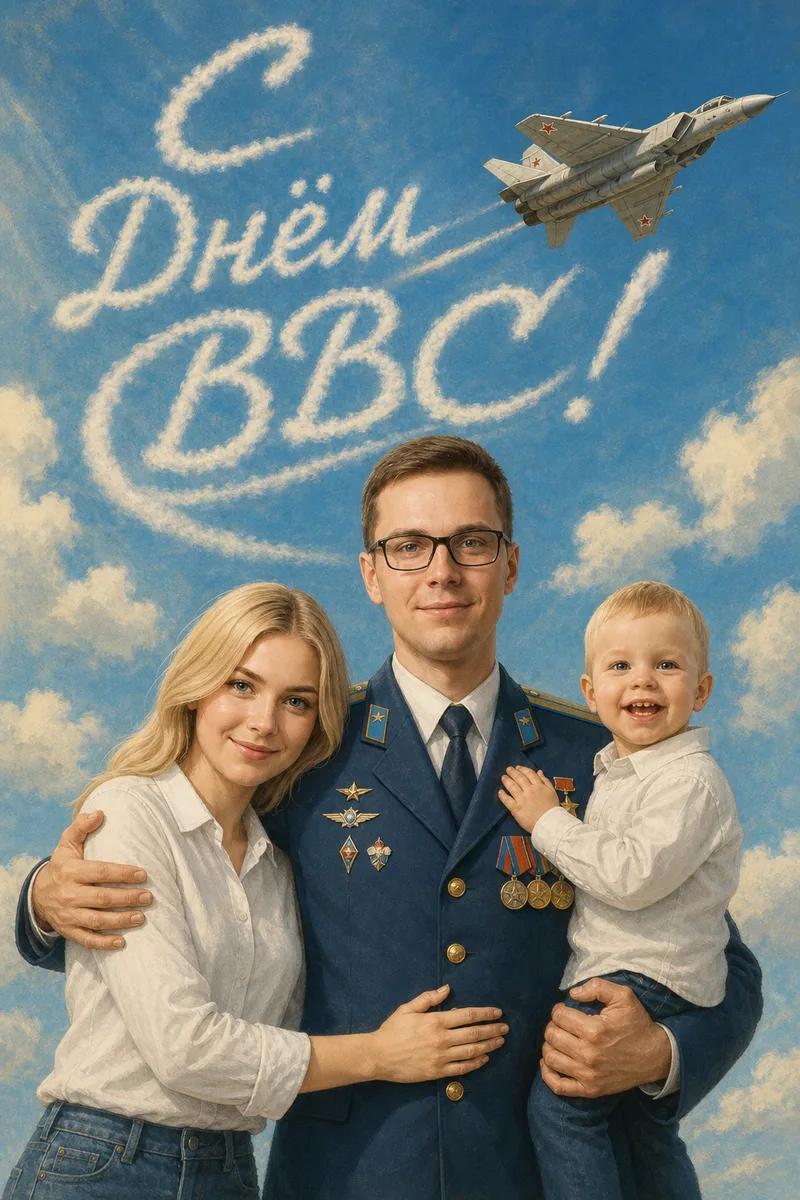 Семейная винтажная открытка ко Дню ВВС по фото — пример обработки фото нейросетью