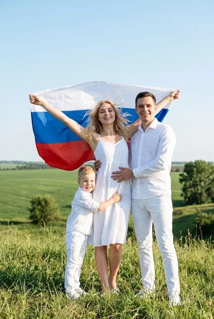 Семейный портрет с развевающимся за спиной флагом