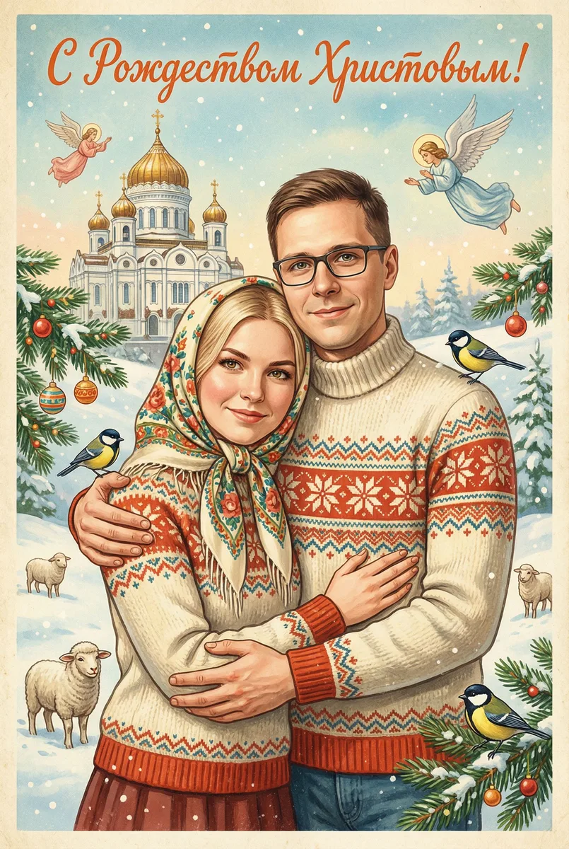 Рождественская открытка в стиле СССР из фото — пример обработки фото нейросетью