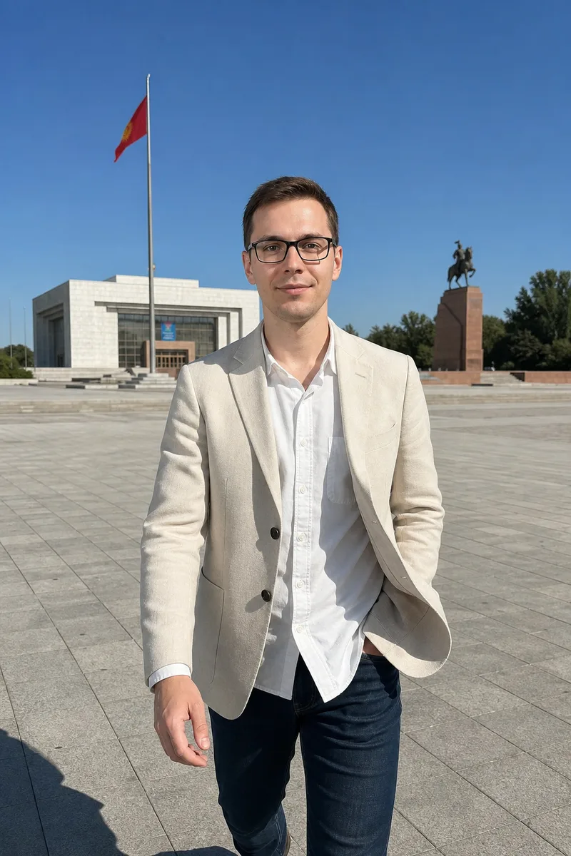Фото на фоне главной площади Бишкека Ала-Тоо по вашему снимку — пример обработки фото нейросетью
