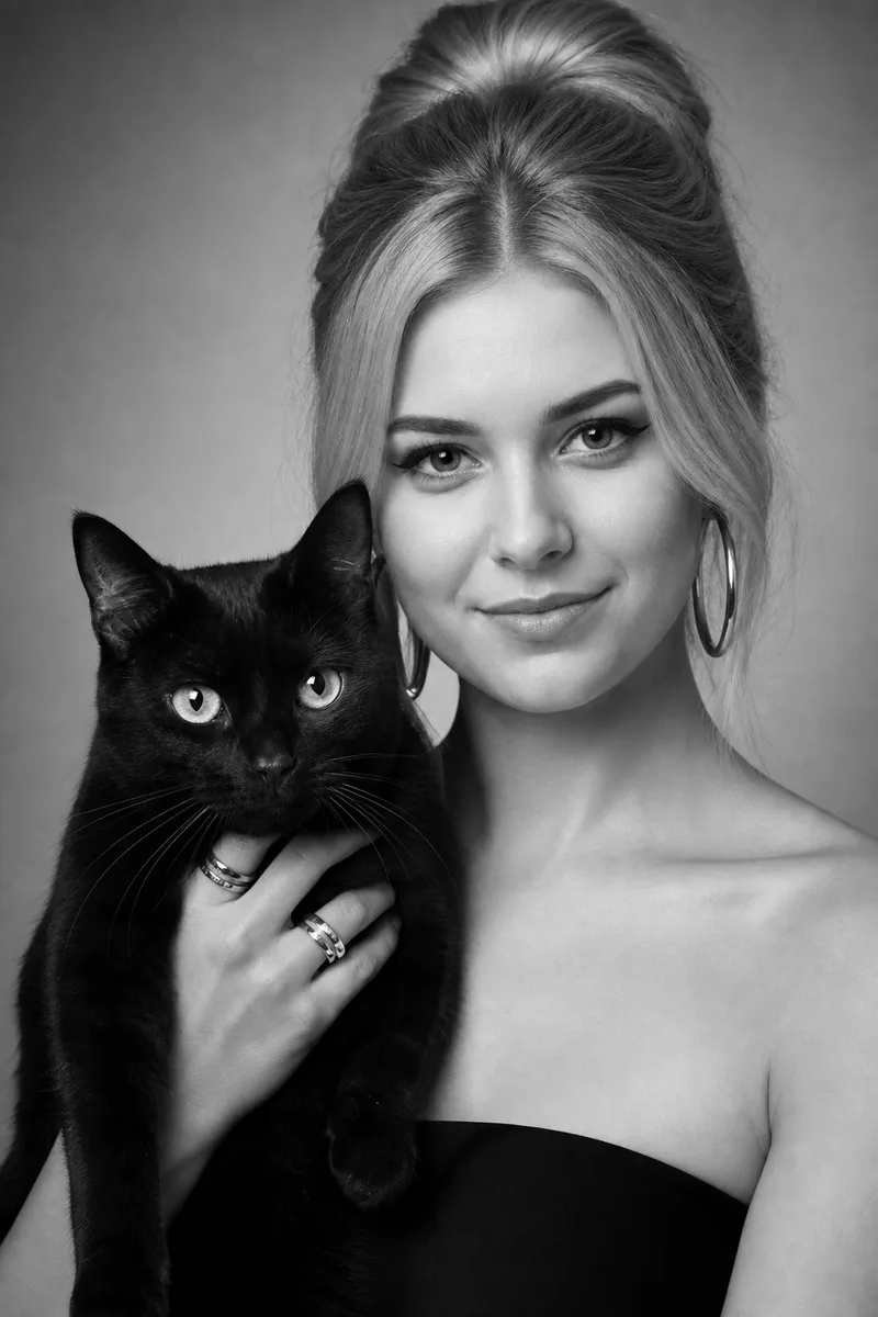 Портрет с чёрным котом в стиле editorial на Хэллоуин — пример обработки фото нейросетью