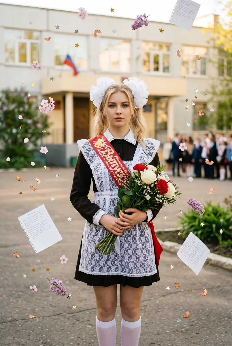 Выпускница в школьном дворе — пример обработки фото нейросетью