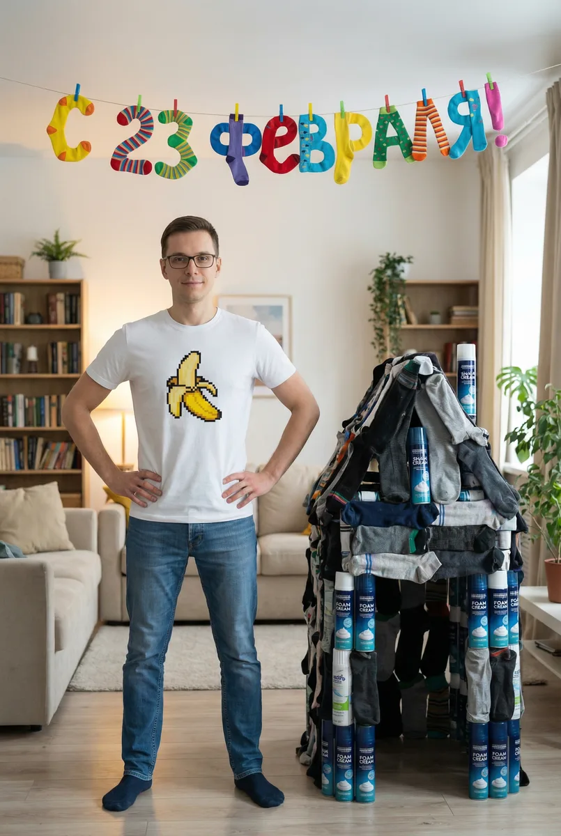 Шуточная сцена с носками на 23 февраля — пример обработки фото нейросетью