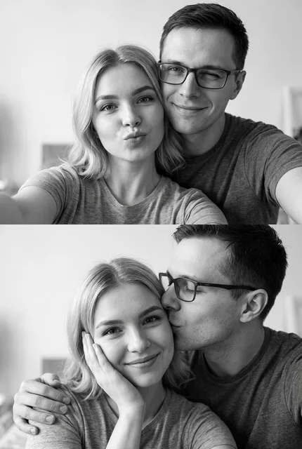 Коллаж из двух чёрно-белых селфи
