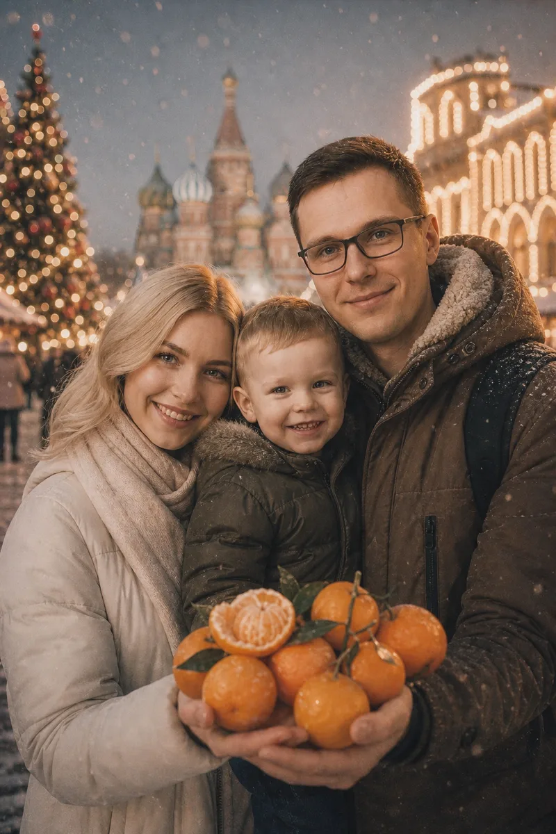 Новогодний кадр с яркими мандаринами — пример обработки фото нейросетью