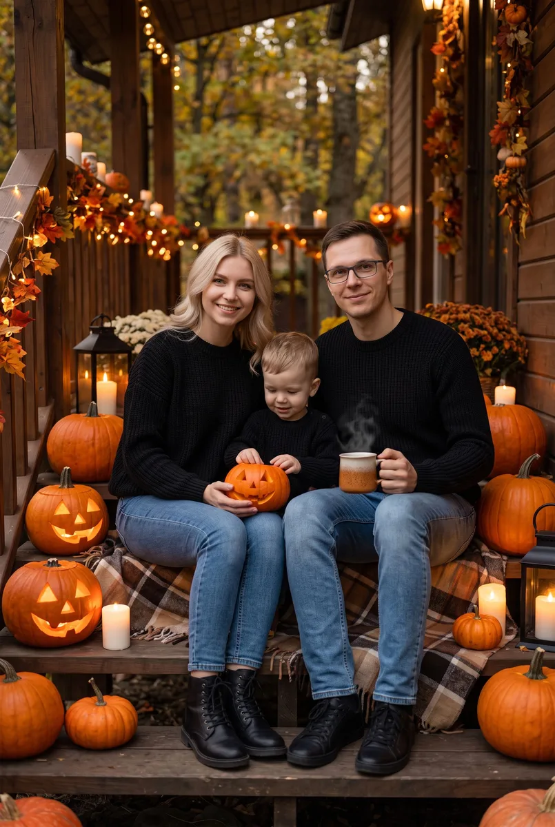 Фотосессия на домашнем Хэллоуине на крыльце по фото — пример обработки фото нейросетью