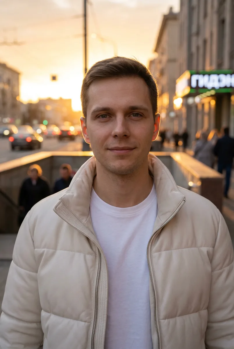 Портрет на фоне города на закате по вашему фото — пример обработки фото нейросетью