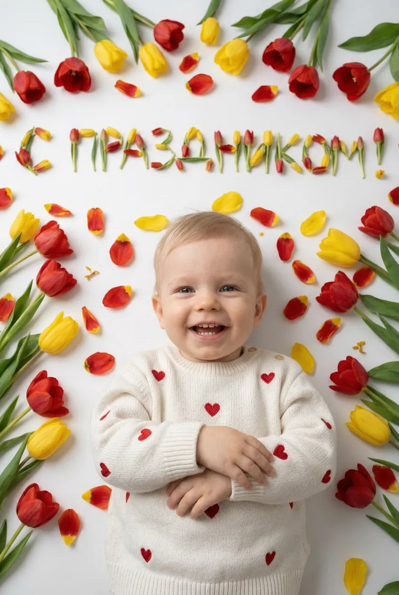 Открытка с днем рождения с тюльпанами по фото — пример обработки фото нейросетью