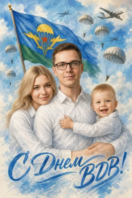 Открытка на День ВДВ с парашютами в небе