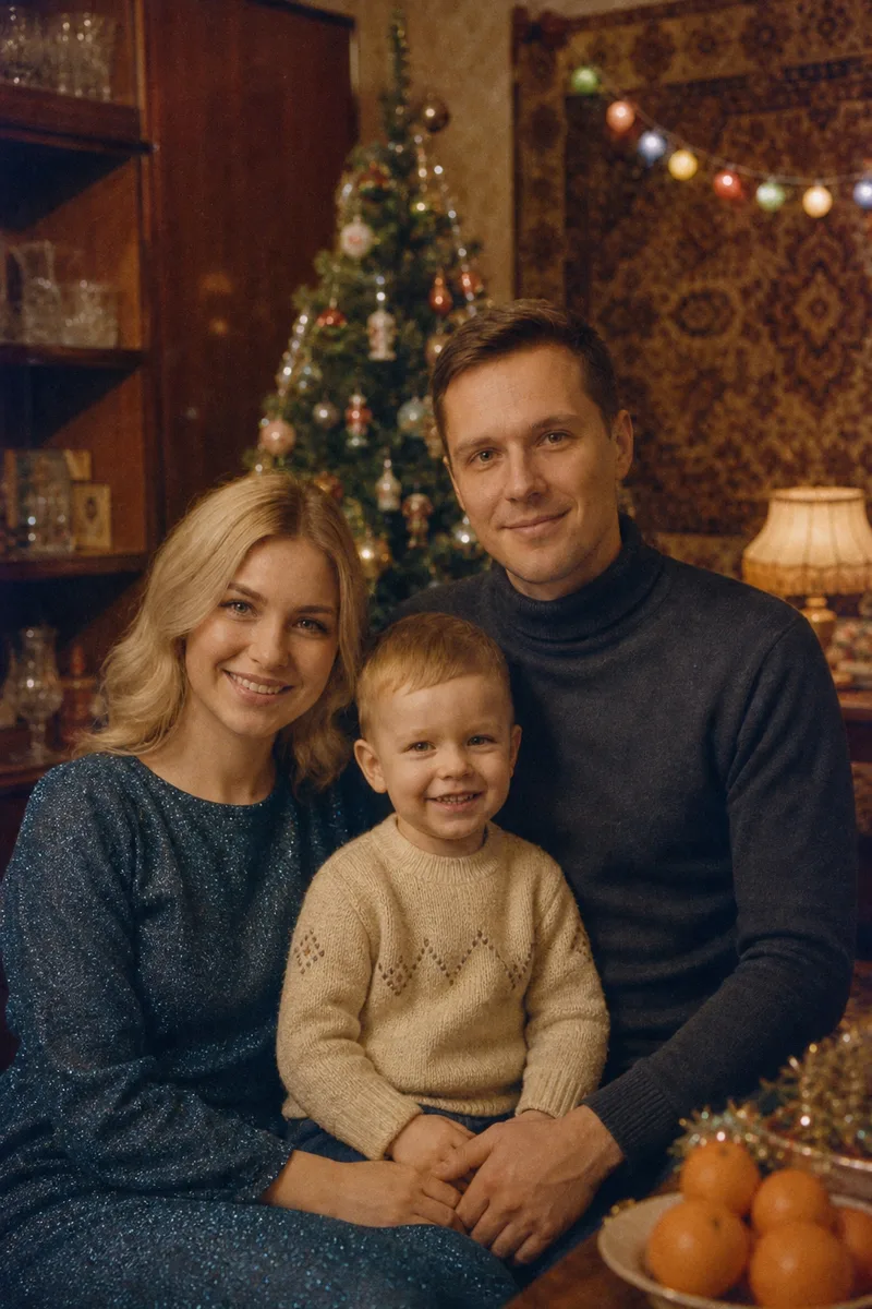 Новогодний вечер в стиле СССР 80-х — пример обработки фото нейросетью