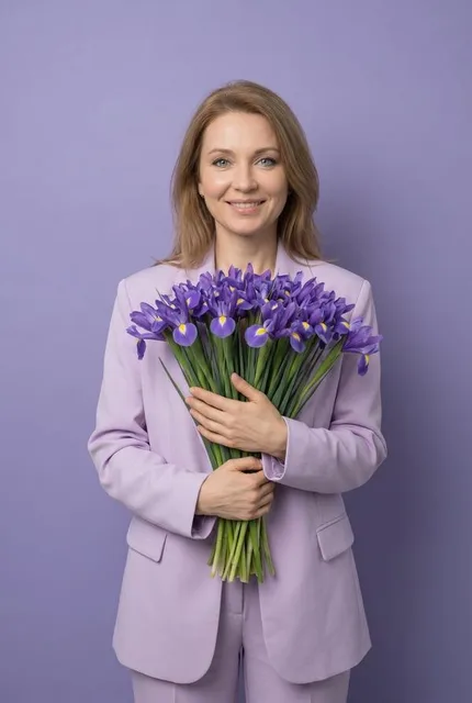 На сиреневом фоне с ирисами
