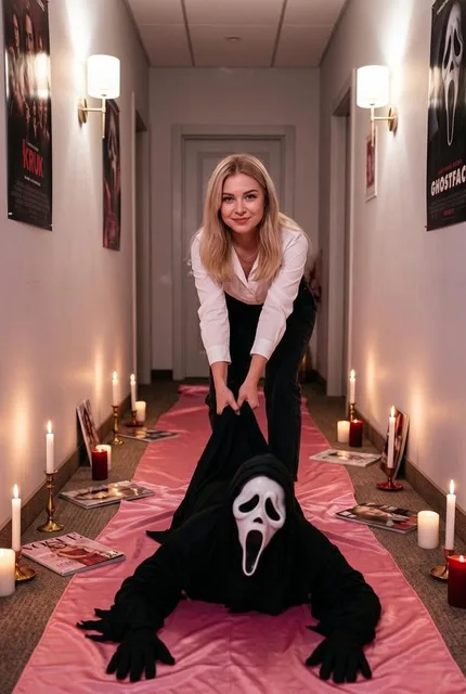 Хоррор-фотосессия на Хэллоуин: Ghostface, розовый атлас и свечи