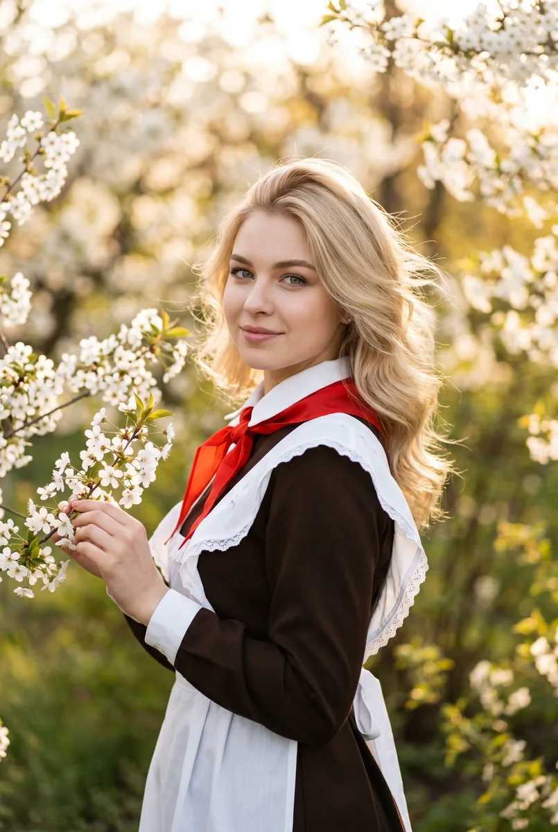 Фото в школьной форме среди цветов нейросетью — пример обработки фото нейросетью