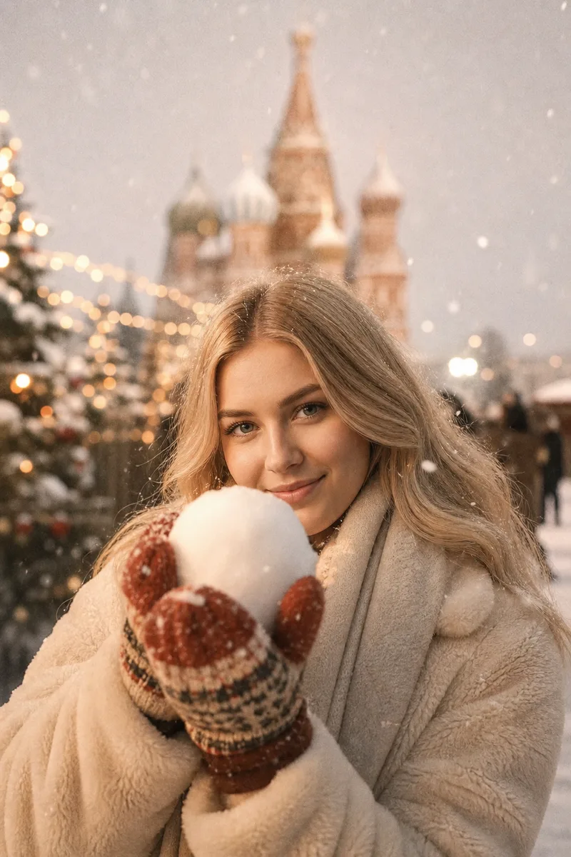 Новогодний кадр со снежком на Красной площади — пример обработки фото нейросетью