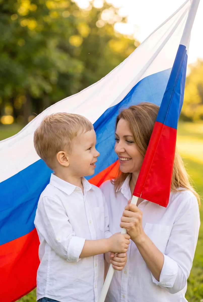 Семейное фото бабушки и внука с флагом России нейросетью — пример обработки фото нейросетью