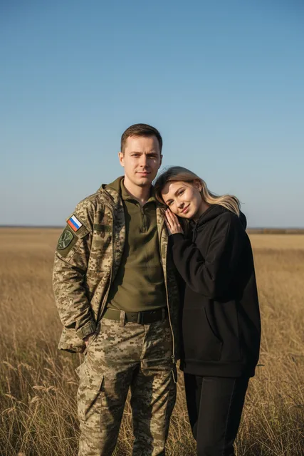 Парная фотосессия с мужем военным в поле осенью