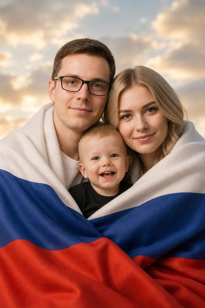 Семейное фото под пледом-триколором нейросетью — пример обработки фото нейросетью