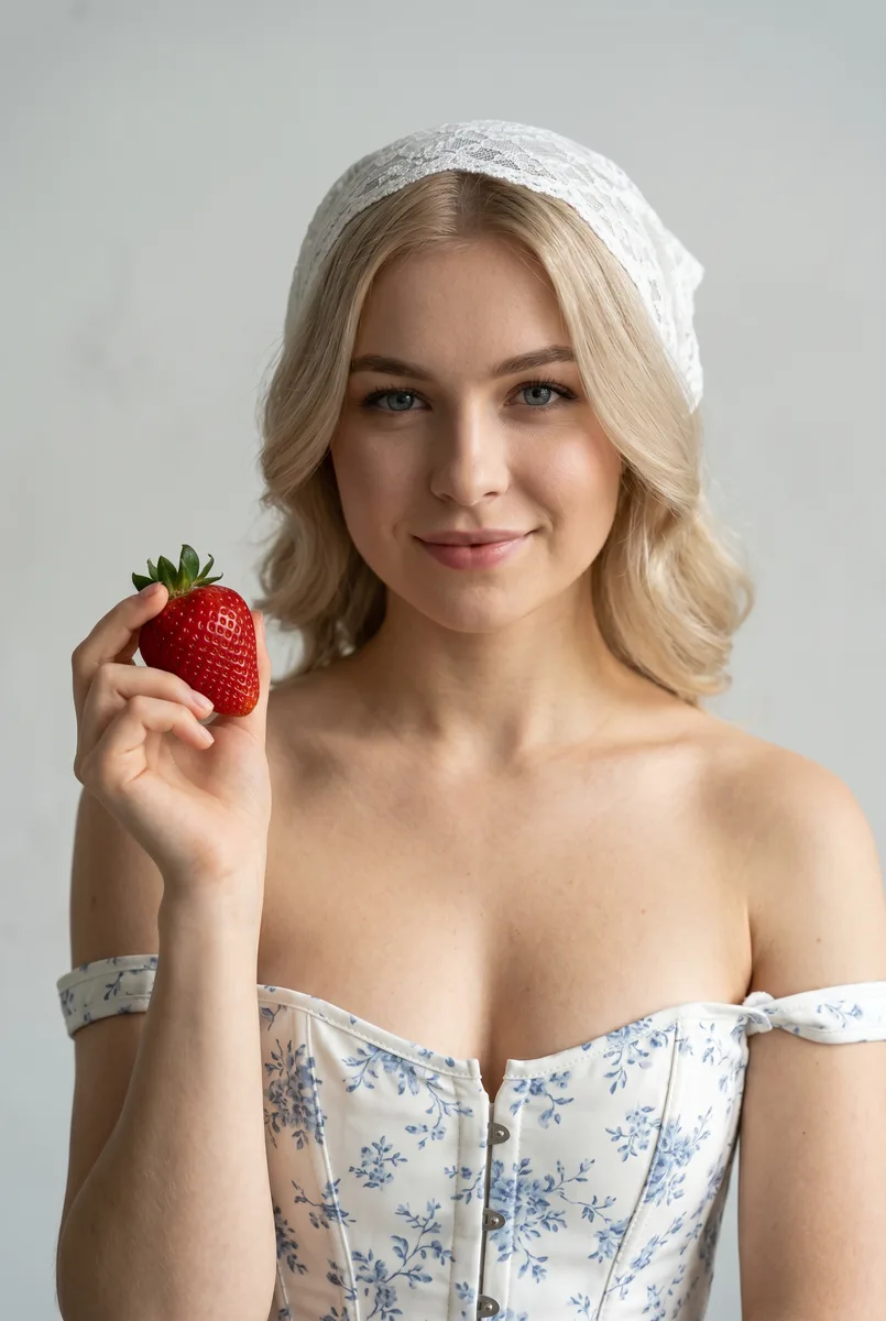 Портрет с клубникой в руке по фото — пример обработки фото нейросетью