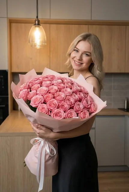 С большим букетом роз