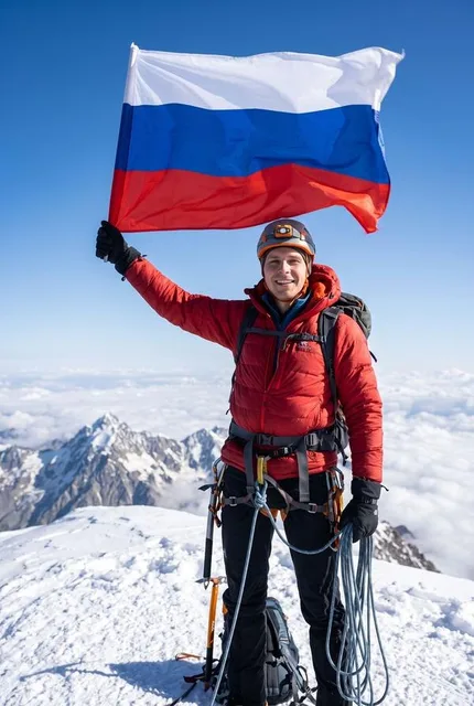 На вершине горы с флагом