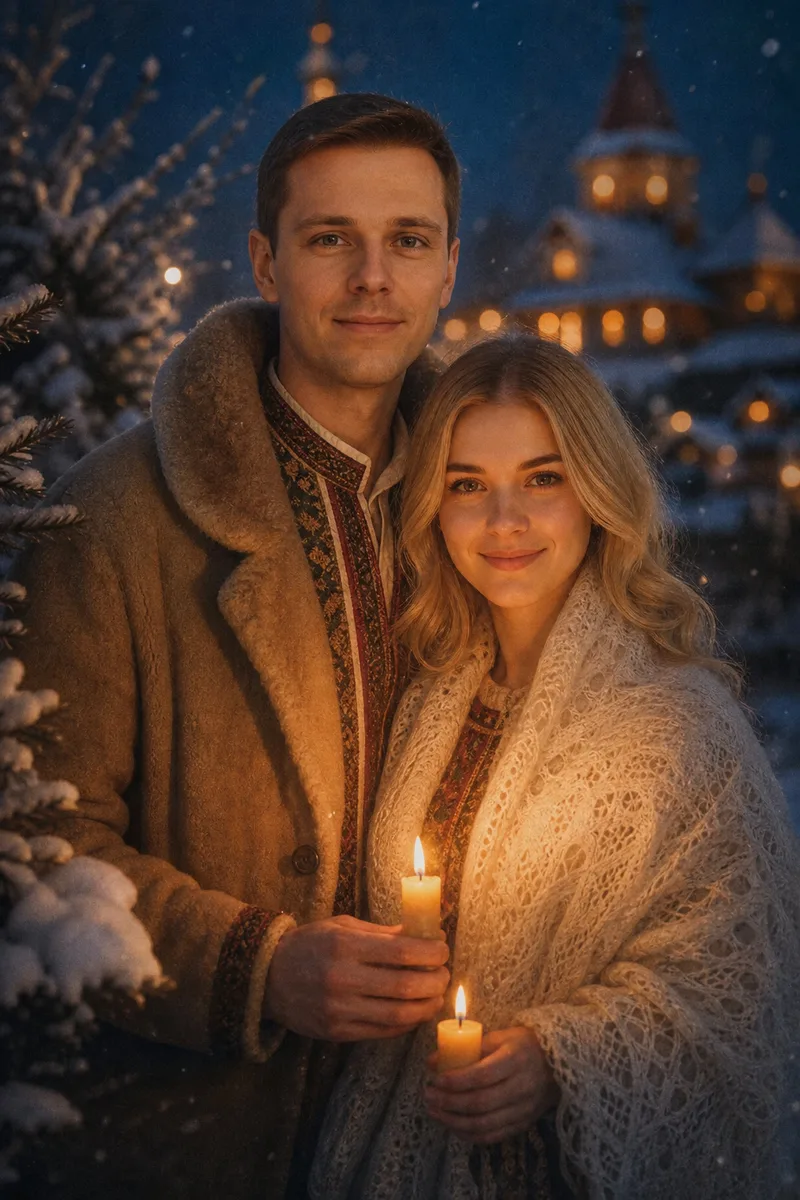 Святочная зимняя сказка в избе при свечах — пример обработки фото нейросетью