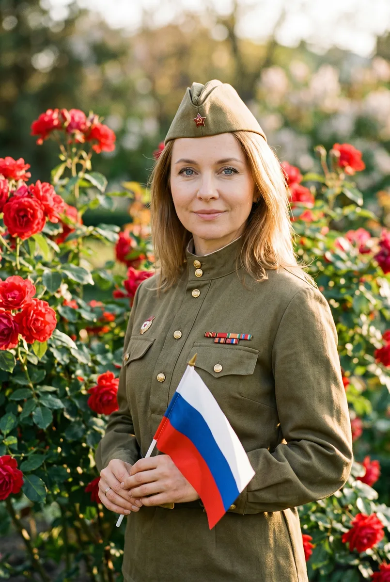 Портрет в военной форме с флагом — пример обработки фото нейросетью