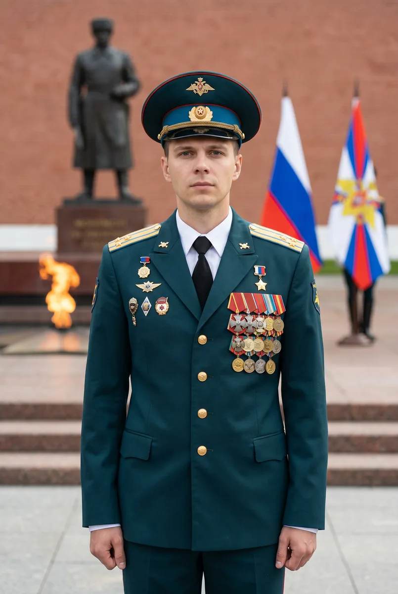 Портрет военного на плацу в парадной форме по фото — пример обработки фото нейросетью