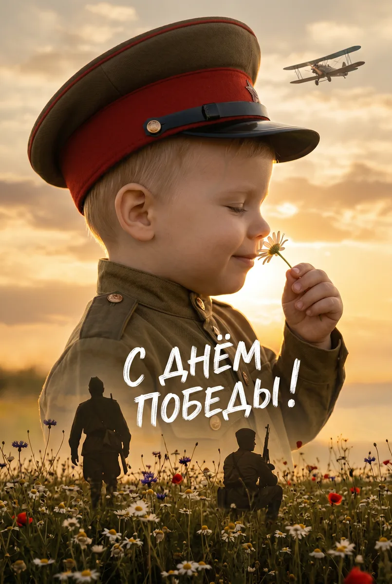 Открытка ко Дню Победы с ромашками и самолётом по фото — пример обработки фото нейросетью