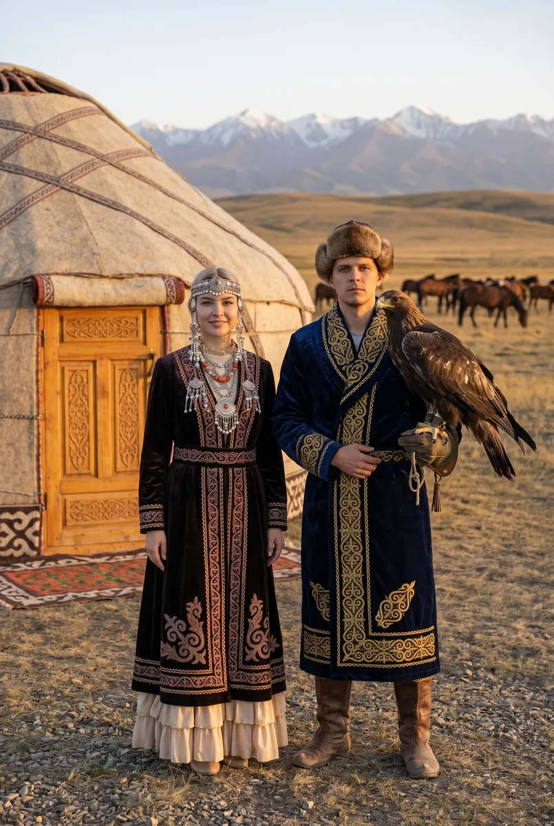 Парное фото в казахских костюмах нейросетью — пример обработки фото нейросетью