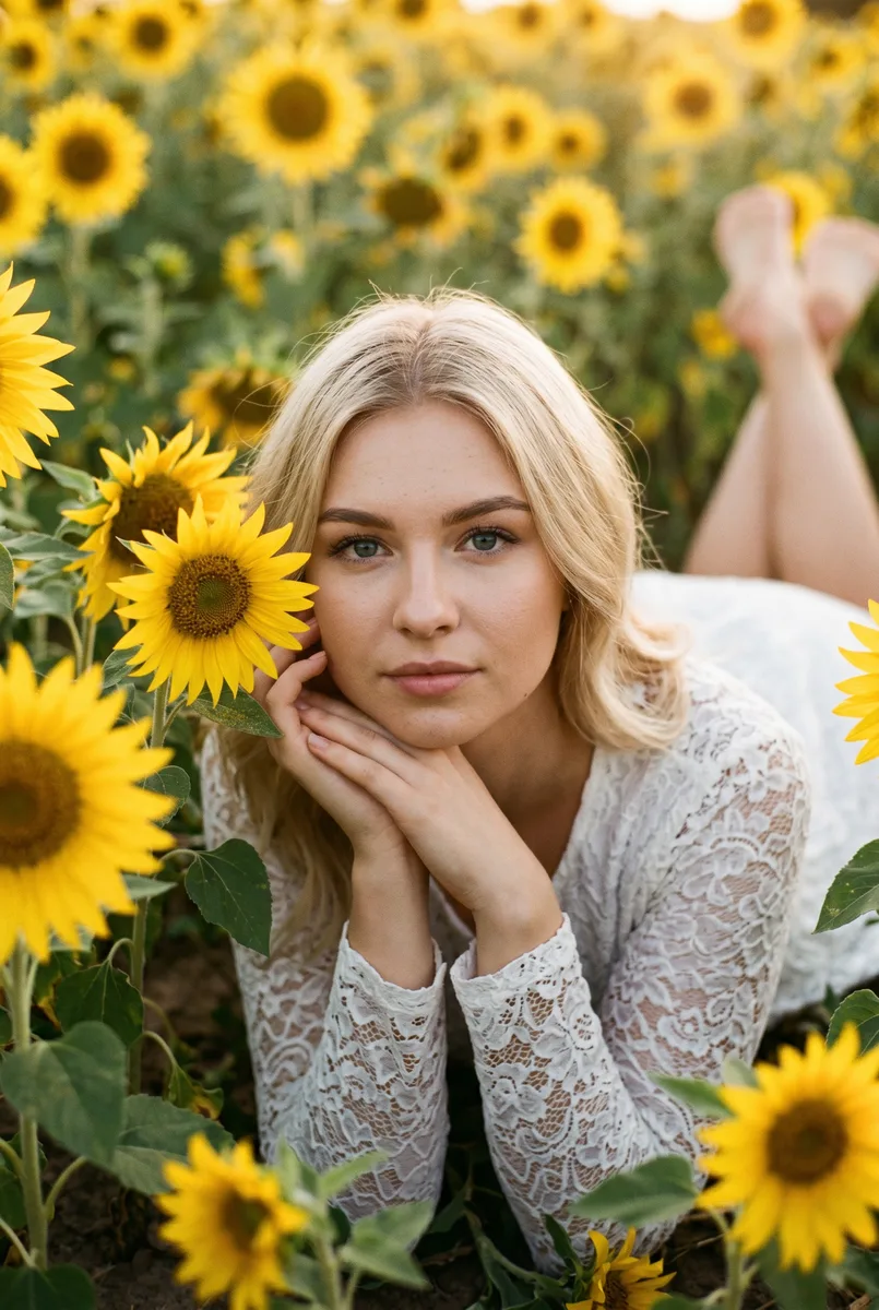 Романтичная фотосессия в подсолнухах по вашему снимку — пример обработки фото нейросетью