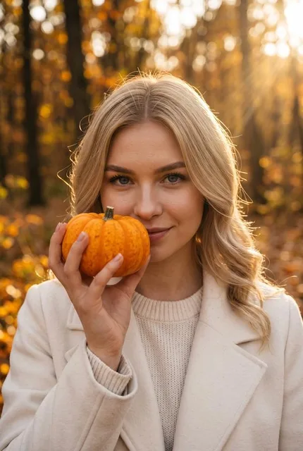 Фотосессия в осеннем лесу с тыквой