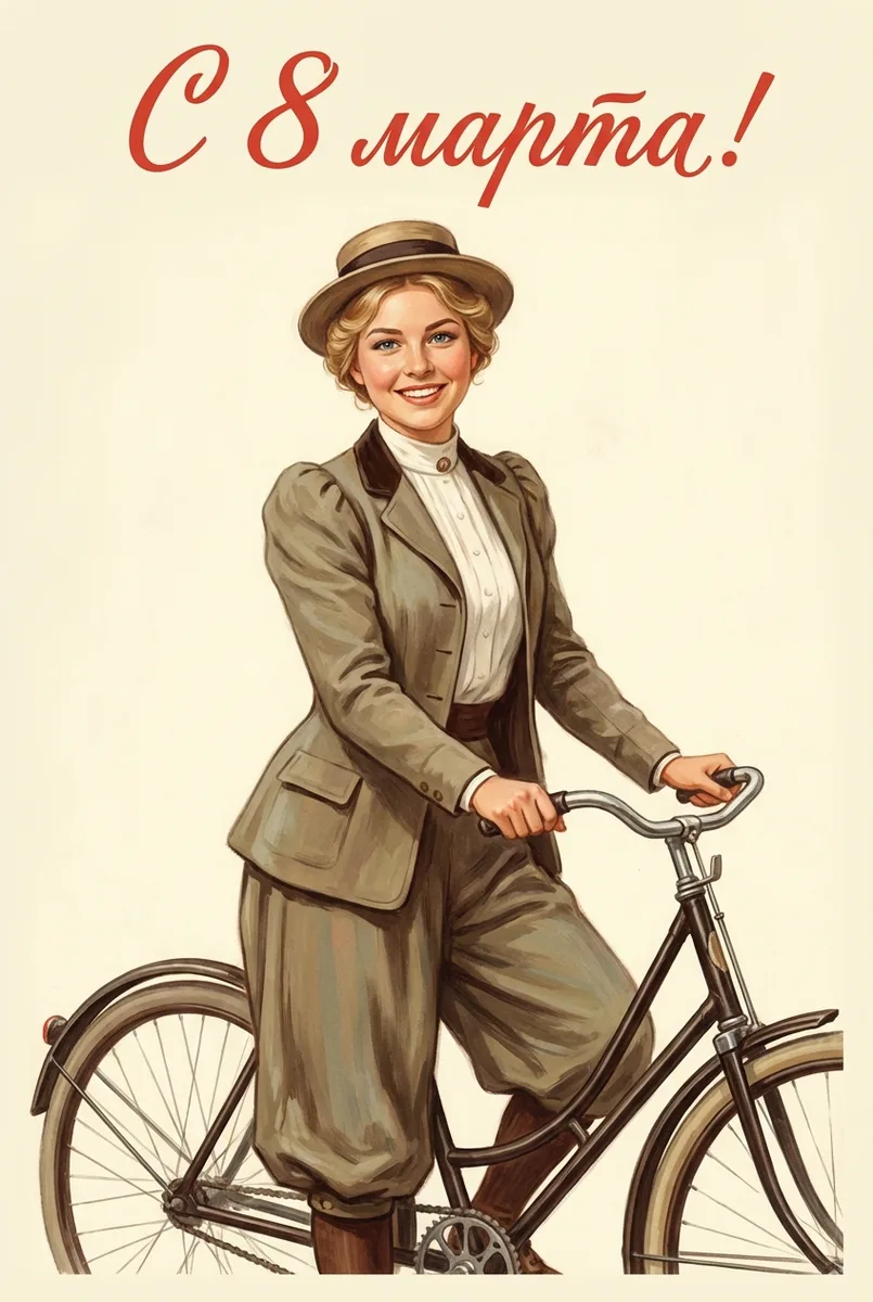 Открытка с феминисткой на велосипеде в советском стиле по фото — пример обработки фото нейросетью