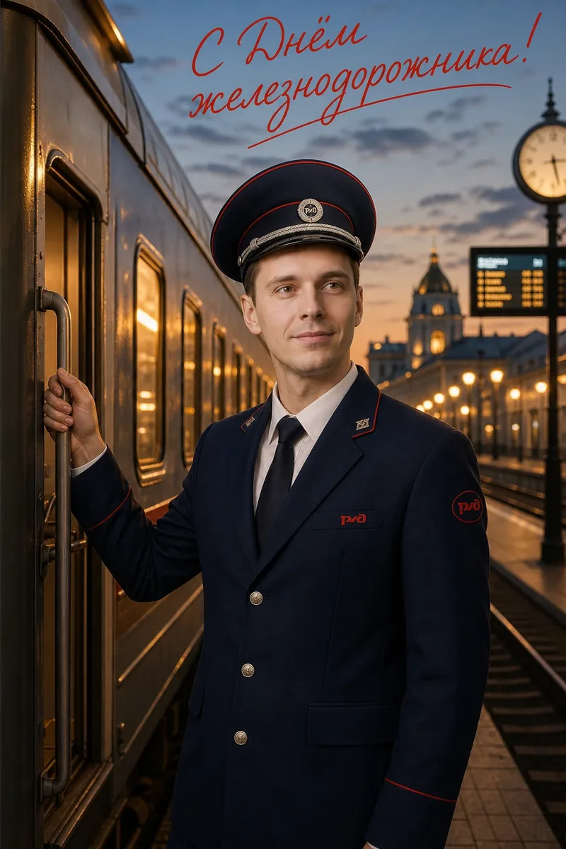 Открытка ко Дню железнодорожника по вашему снимку — пример обработки фото нейросетью