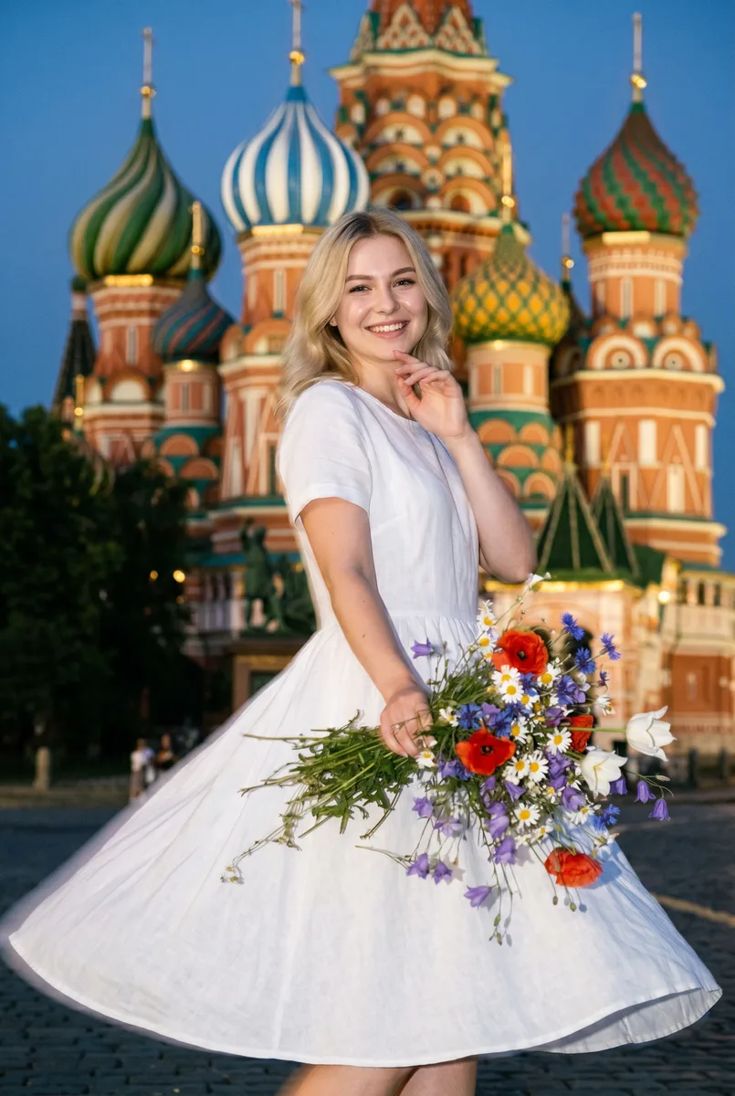 Фото с букетом у храма Василия Блаженного нейросетью — пример обработки фото нейросетью