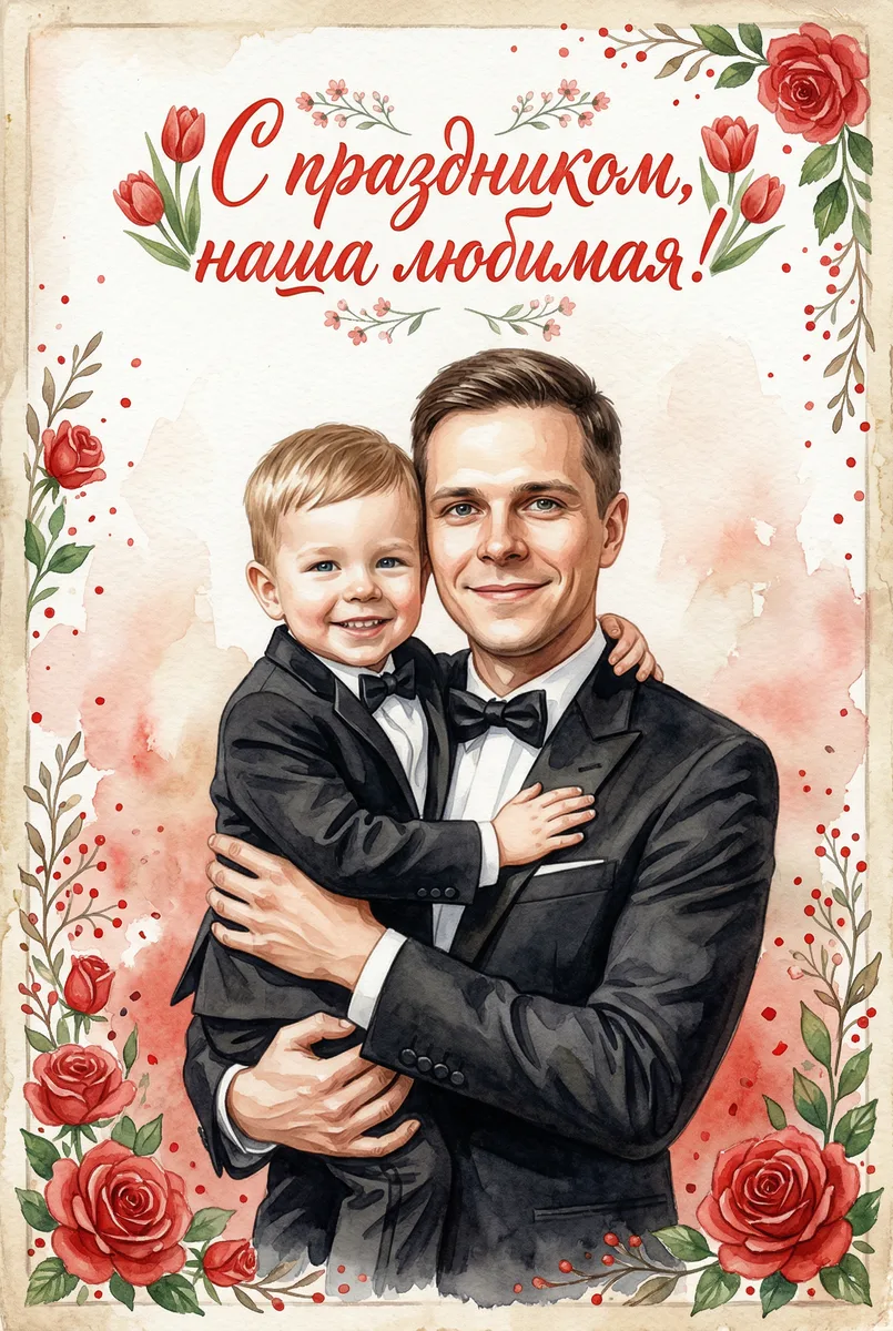 Семейная открытка на 8 Марта в советском стиле по фото — пример обработки фото нейросетью