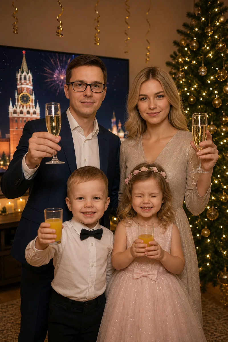 Семейный портрет в новогоднюю ночь — пример обработки фото нейросетью