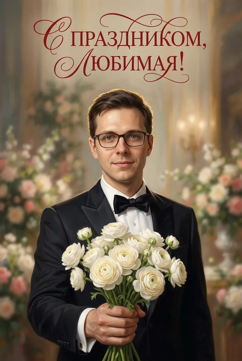 Открытка от любимого с 8 марта — пример обработки фото нейросетью