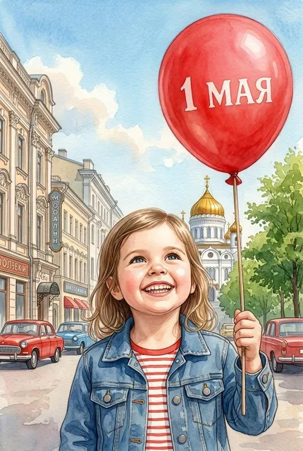 Акварельная открытка на 1 Мая