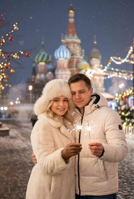 На фоне заснеженной Красной площади