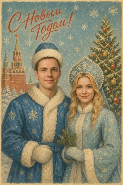 Открытка в образе Деда Мороза и Снегурочки