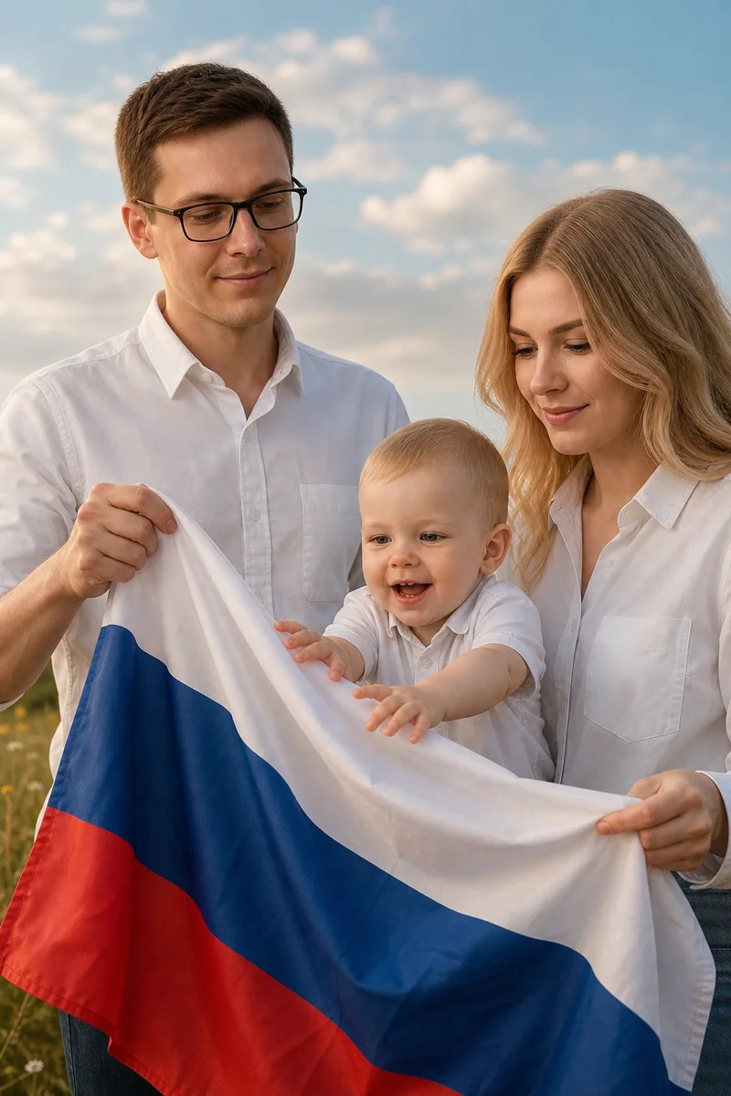 Семейное фото с флагом на природе по вашему снимку — пример обработки фото нейросетью