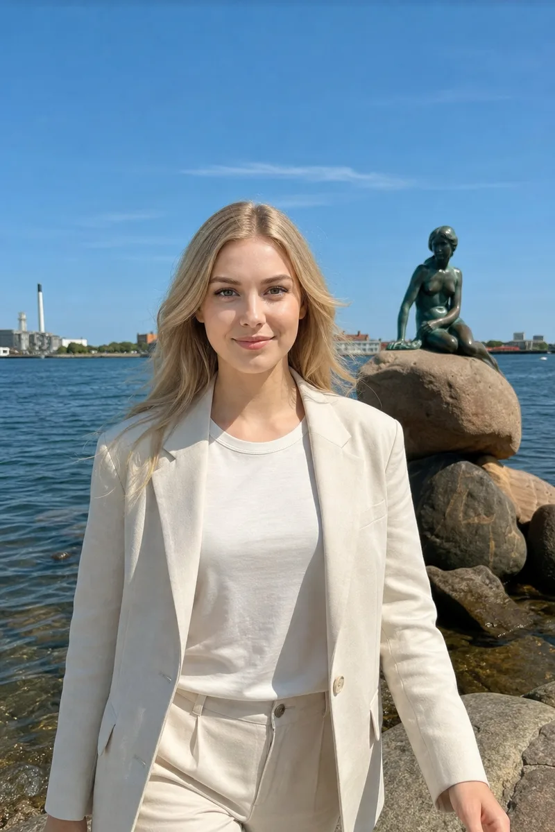 Фото на фоне статуи Русалочки в Копенгагене по вашему снимку — пример обработки фото нейросетью